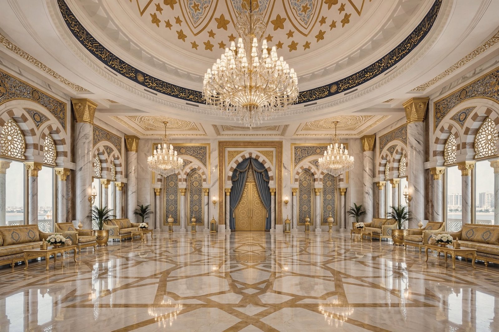 Ceremonial hall with marble floor and chandelier